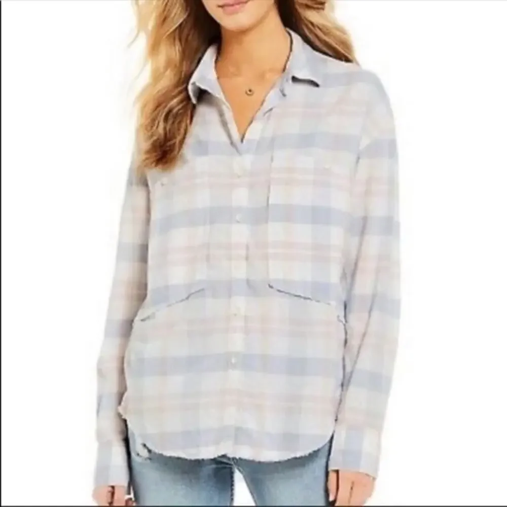 Free People Loveland Plaid Button Down Shirt Top White Pastel Pink Blue, Size XS